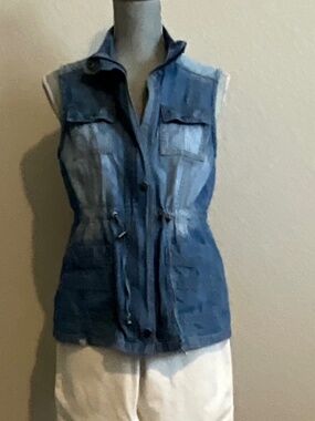 Vintage Live A Little Distressed Jean Cargo Vest Size M, Shabby Chic